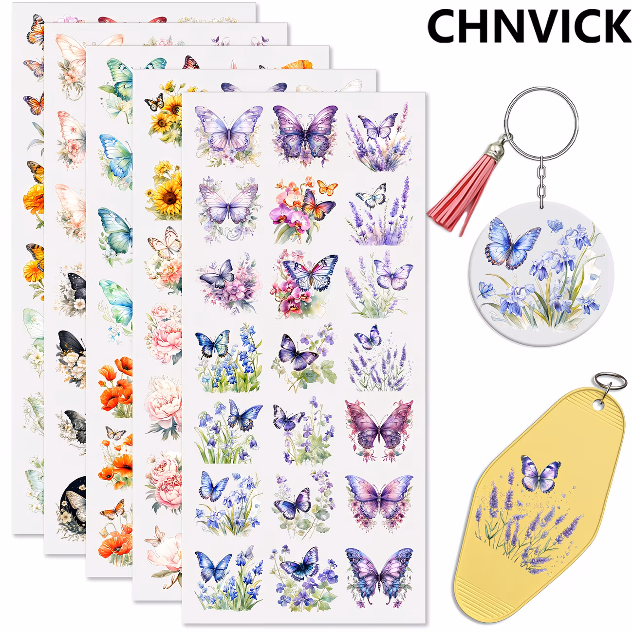 Pegatinas para llaveros de mariposas y flores